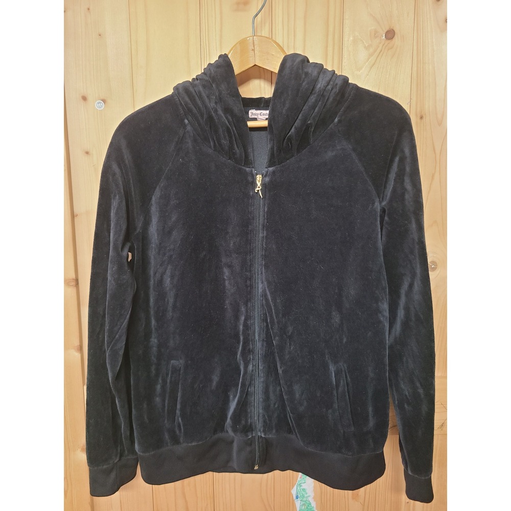 Juicy Couture Velour Hoodie Women XL Black Good Pink Glitter Crest Y2K Zip Up - Picture 2 of 10